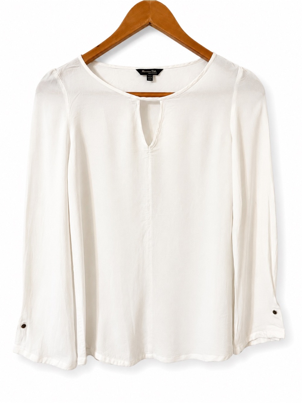 Massimo Dutti White Lyocell Cotton Blouse XS Keyhole Neck 3/4 Sleeve